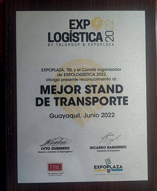 Placa de reconocimiento Mejor Stand de Transporte, Expo Logística 2022